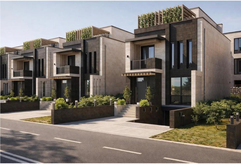 Neighboring townhouse architecture — stone facade and roof gardens