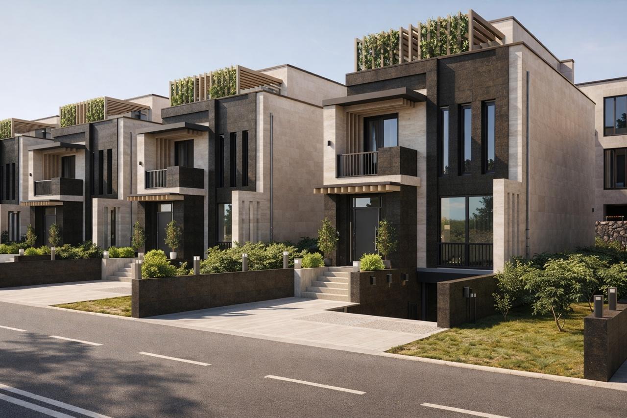 Surrounding residential context — modern townhouse street view
