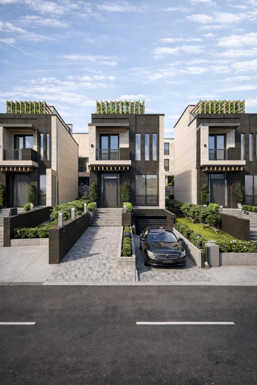 Front elevation of adjacent residences with private driveways