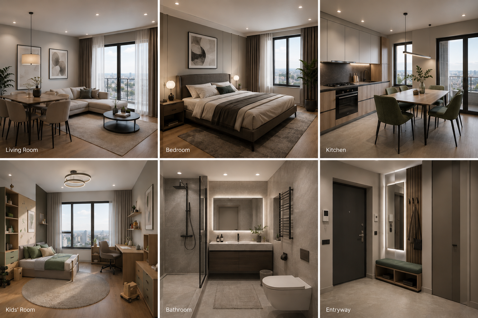 A. Manukyan 44 interior collage showing living, bedroom, kitchen, kids room, bathroom and entryway