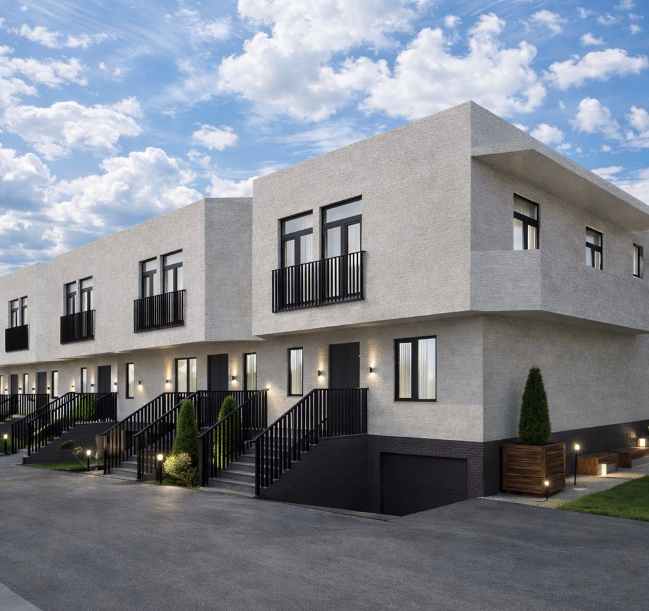 Modern townhouse facade with private entries