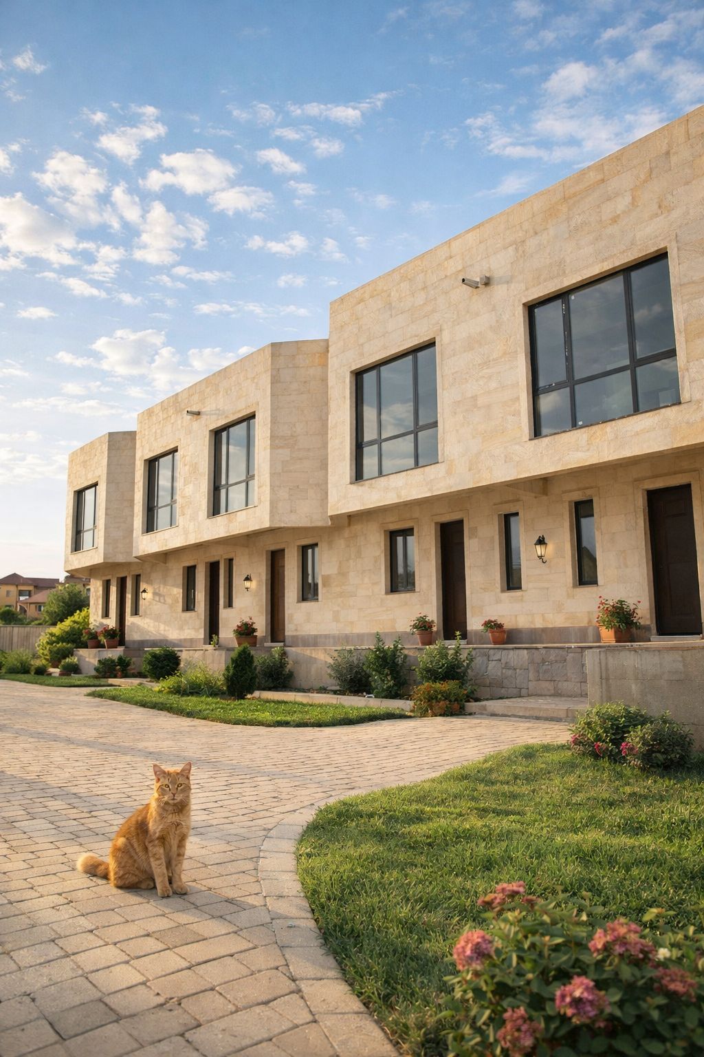 Warm stone townhouse exterior with landscaped courtyard