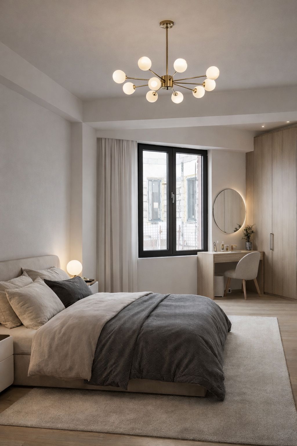 Master bedroom interior with brass chandelier