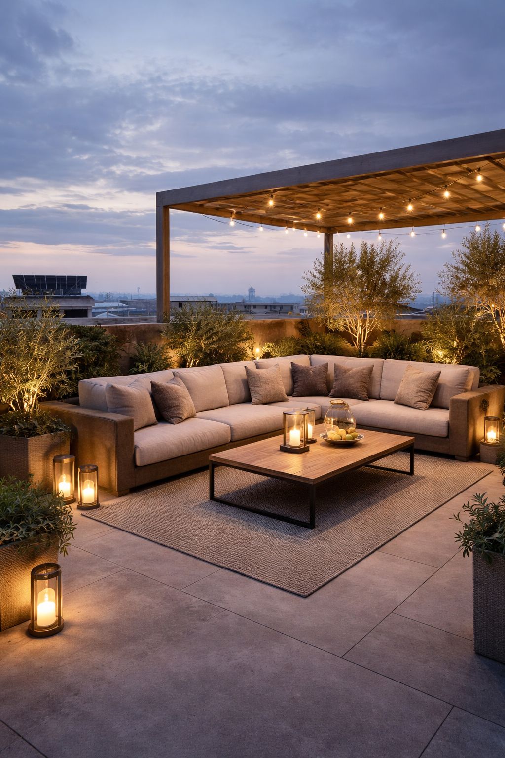 Rooftop terrace lounge with pergola at twilight