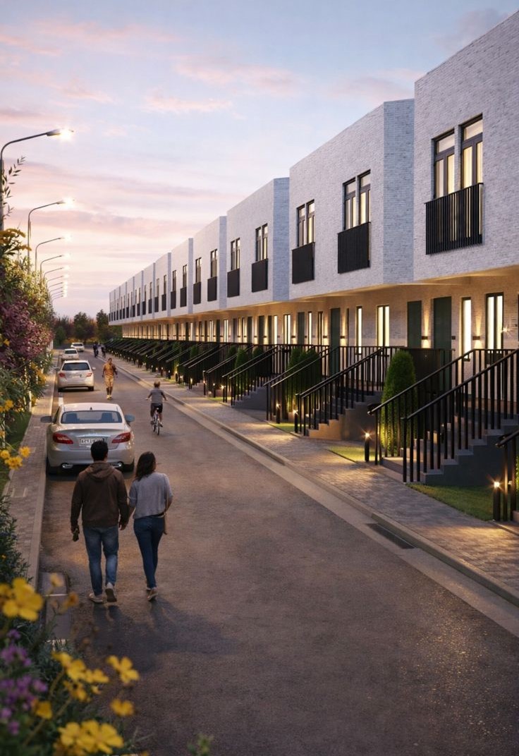 Townhouse street view at sunset